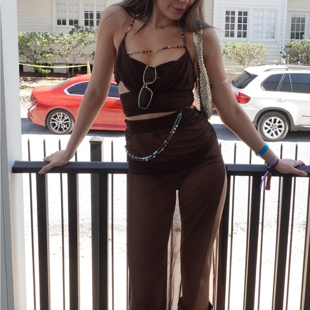 Jaded London Brown Sheer Two-Piece Set with Beaded Detail